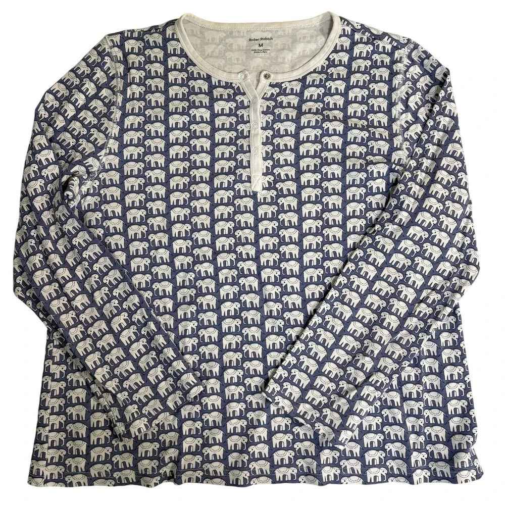 Roller Rabbit Hathi Elephant Print Pima Cotton Henley Pajama Top Navy White M